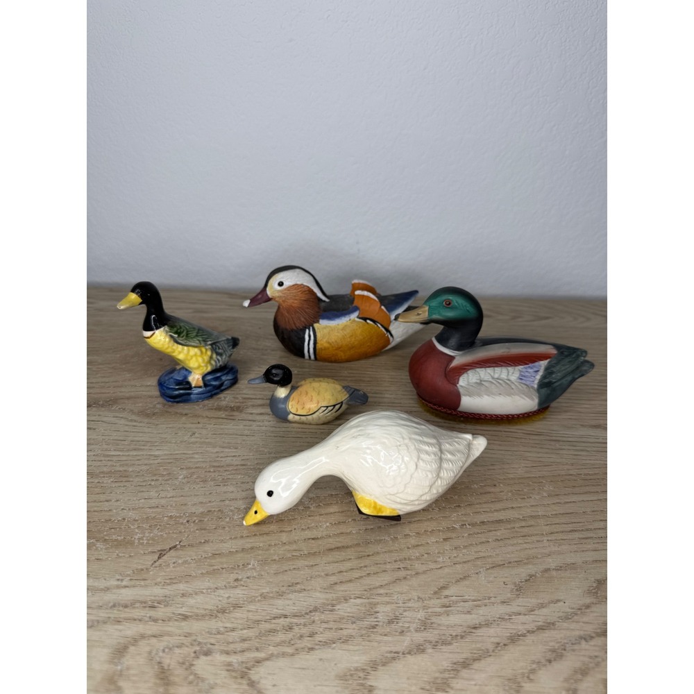 Vintage Duck Figurine Lot of 5 Mallard Mandarin Goose Ceramic Resin Cottagecore